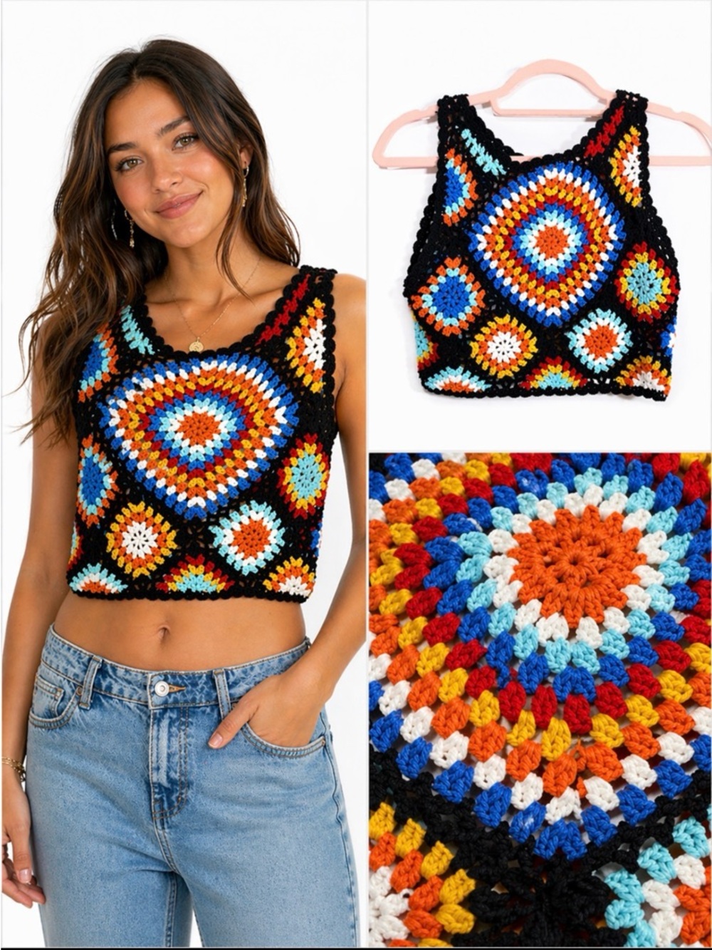 Altar’d State Black Crochet Crop Top with Multi-Color Motifs